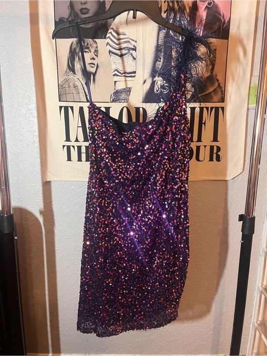 City Vibe Dresses & Skirts - City Vibe Navy Iridescent Sequin Feather One Shoulder Mini Dress Women’s XL
